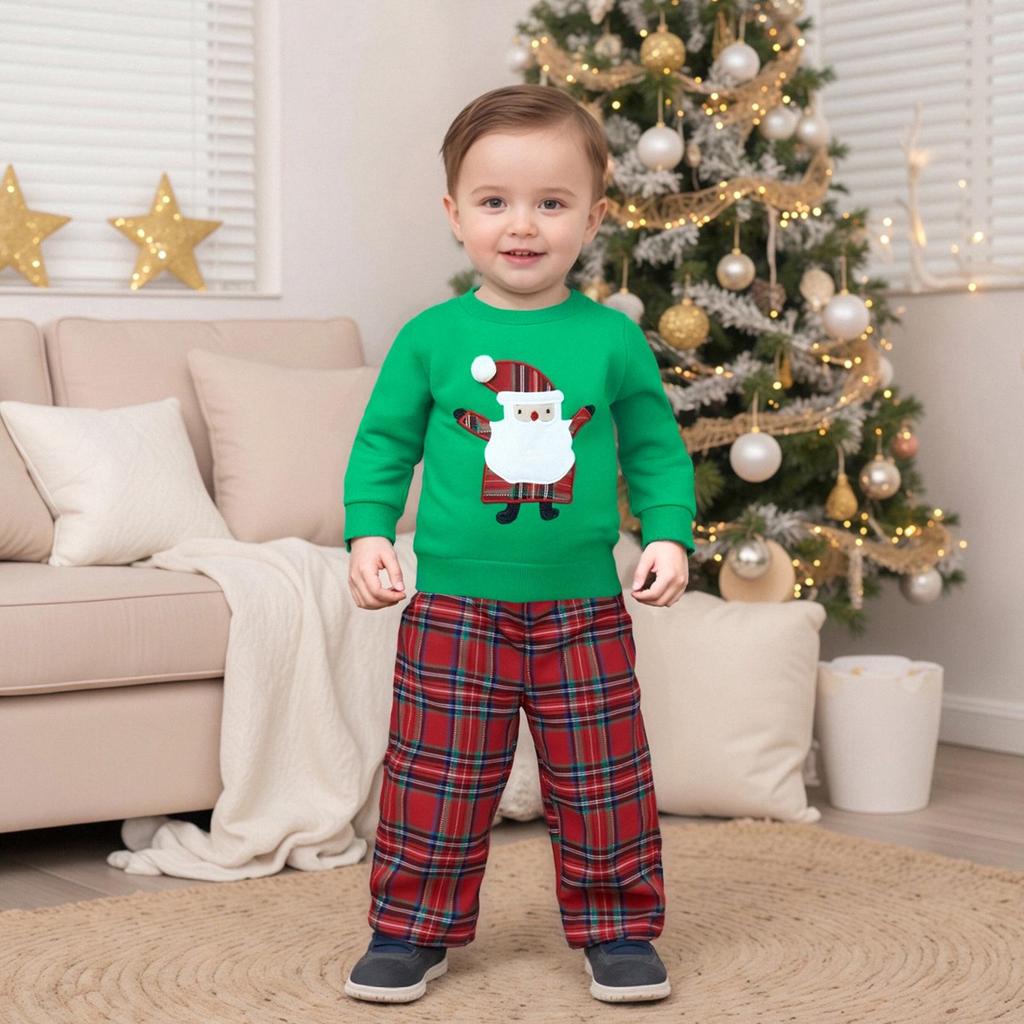 2025 Christmas Toddler Boy's Santa Sweatshirt & Plaid Pants Set