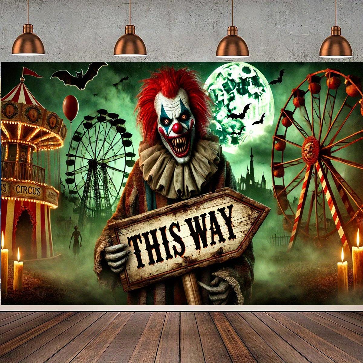 1 Horror Carnival Clown Guide Halloween Banner - Gothic Horror Party decorated with skulls witches and zombies 100x150cm