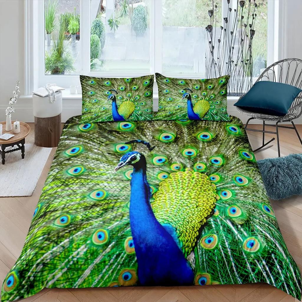 Peacock Duvet Cover Set King Size Floral Pattern Bedding Set Retro Peacock Feather Floral Theme Comforter Cover Luxury Quilt Set