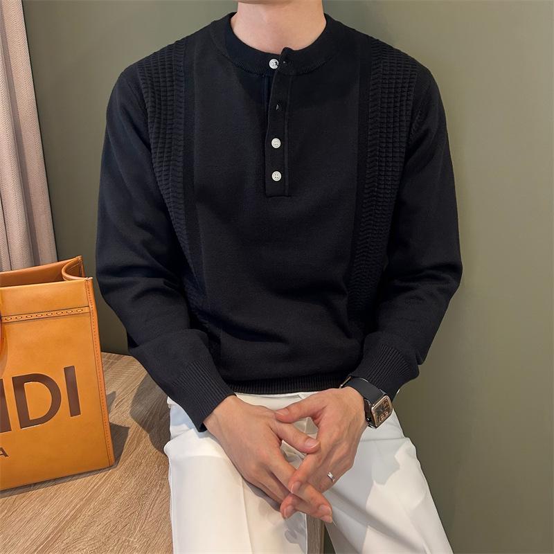 Men's Henley Neck Long Sleeve Knit Sweater: Lightweight British Style for Autumn/Winter
