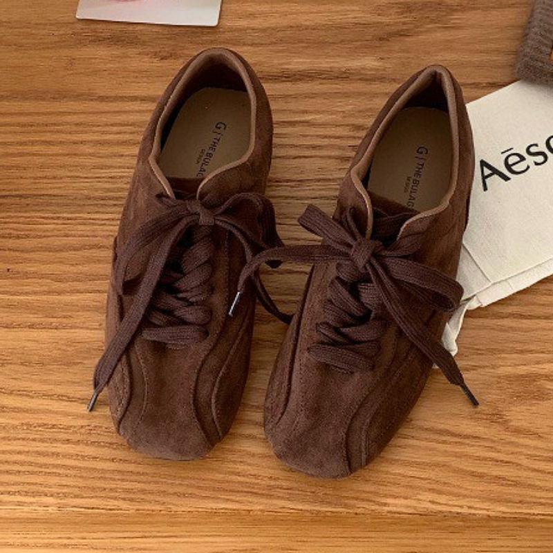 Suede Retro Lace Up Casual Flat Shoes Women Comfort Shallow Autumn Footwear Female Brown Fashion  Ballet Sneakers Women