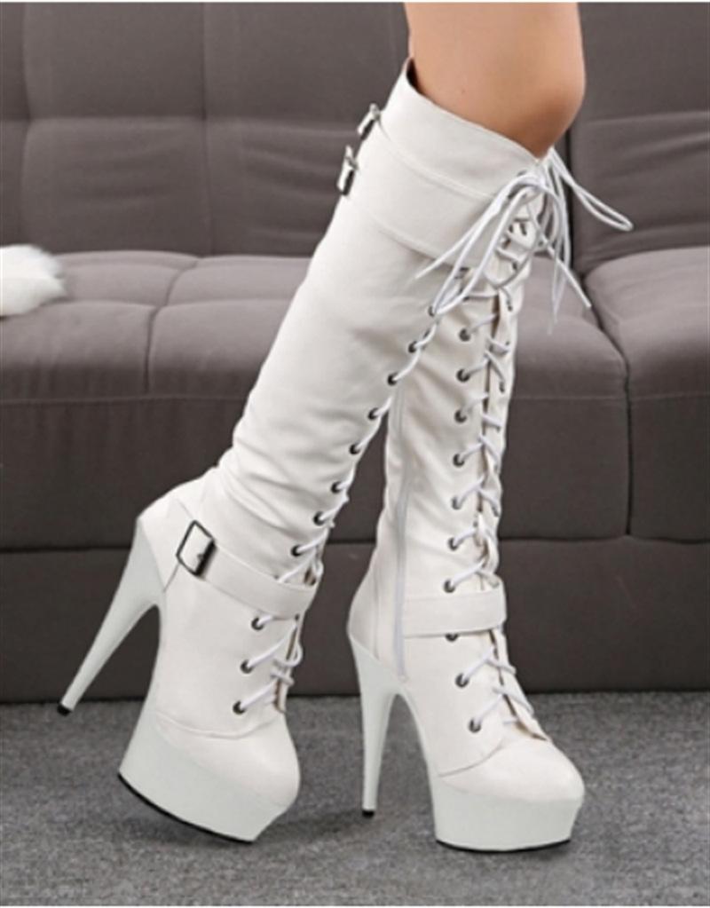 

15 см супер высокие туфли из вискозы на весну и осень, круглые сапоги среднего размера, белые, на высоком каблуке, высокая трубчатая высота 46 белый