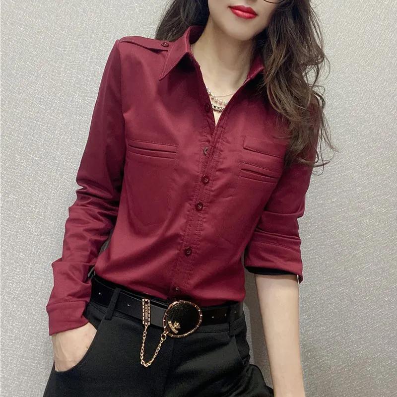 

Офисная женская блузка с отложным воротником и длинным рукавом, весенняя женская однобортная рубашка с карманами L вино красного