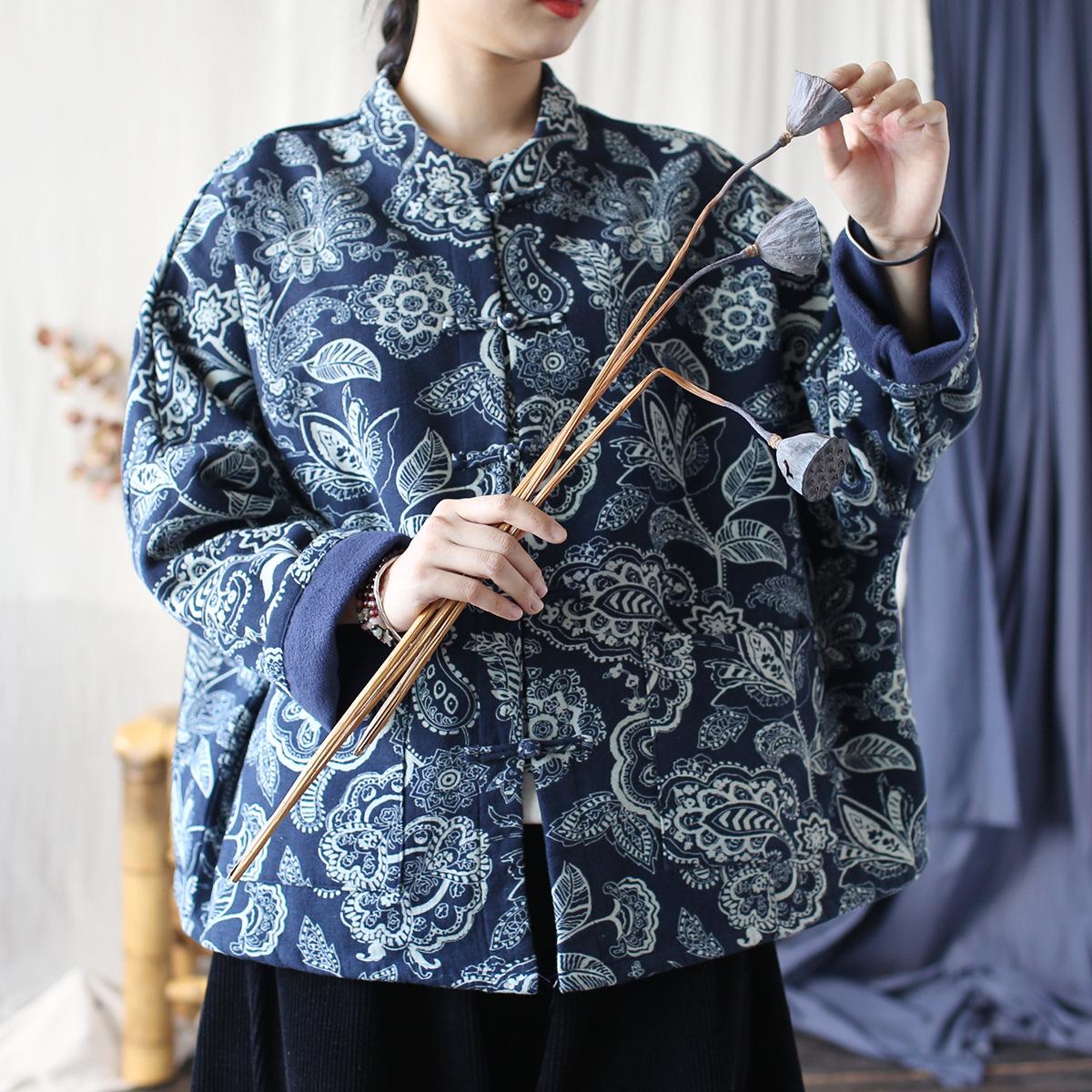 

Johnature Женские пальто в китайском стиле с цветочным принтом, стойкой, длинными рукавами на пуговицах, зимние One Size