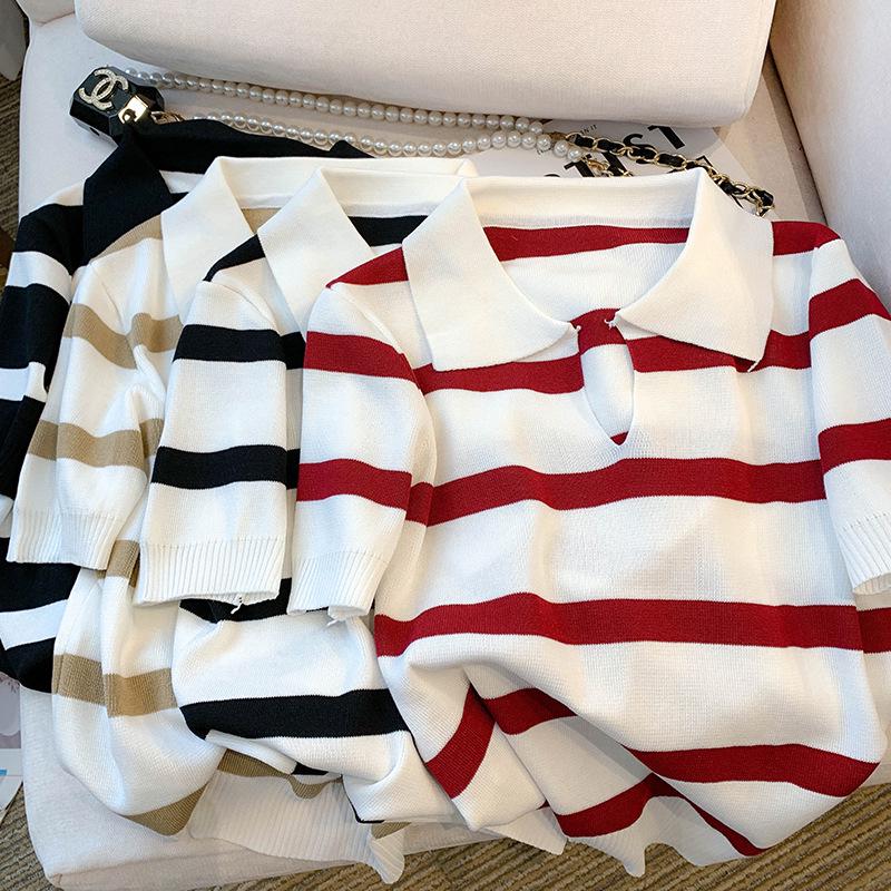 Damen Gestreiftes V-Ausschnitt Kurzarm Eisseide Stricktop