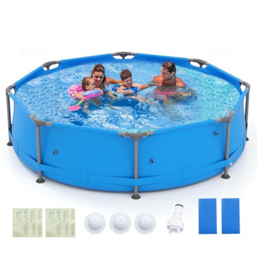 

10 Round Above Ground Pool Set with Metal Frame and PVC Fabric Blue 1158 Gal Includes 3 Stoppers and Drainage Valve Connector синій