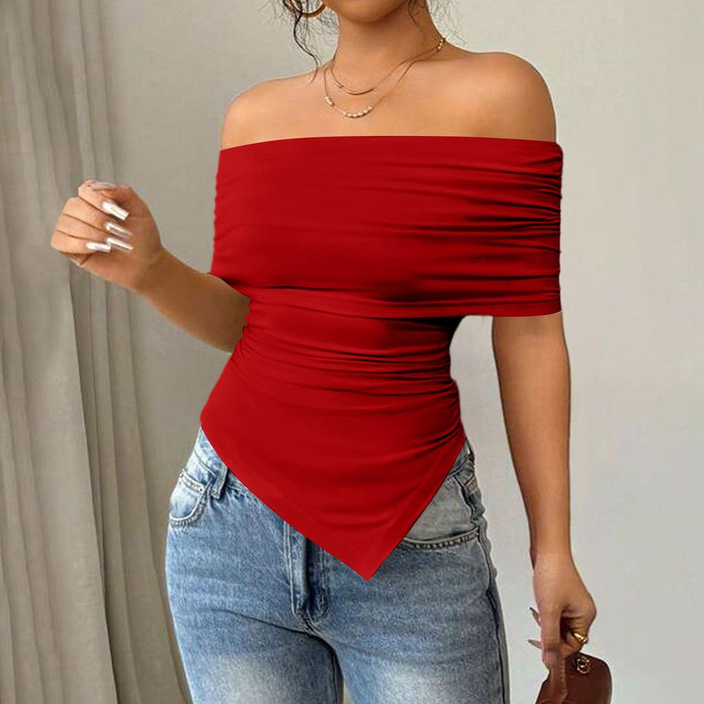 Women's Fashionable And Versatile Color Strapless Off-shoulder Irregular T-shirt Top