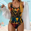 Women Plus Size One Piece Swimsuit Scoop Neck Wide Straps High Cut Black Colorful Printed