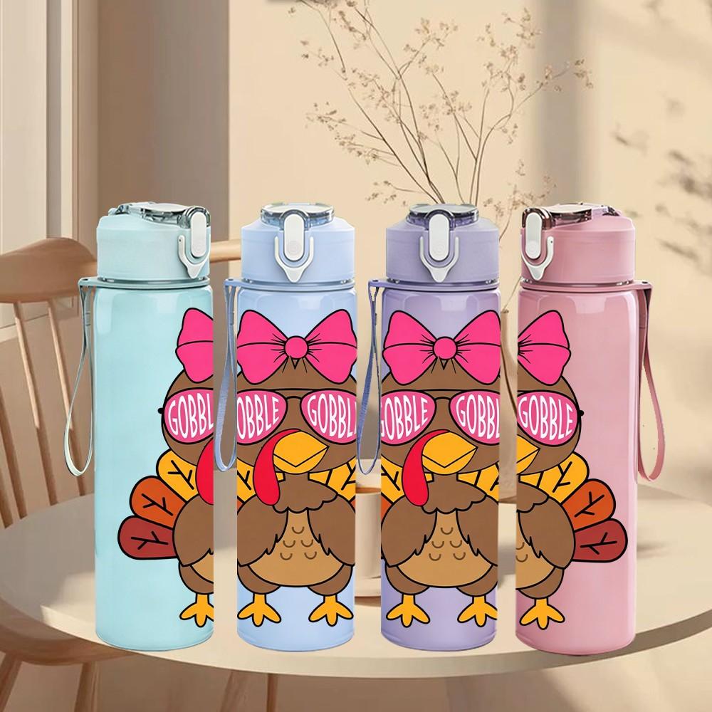 1PC Thanksgiving Turkey Fall Cartoon Print 750ml Color Plastic Sports Water Bottle Leakproof Flip Straw Lid Suitable for Sports Office Home Use