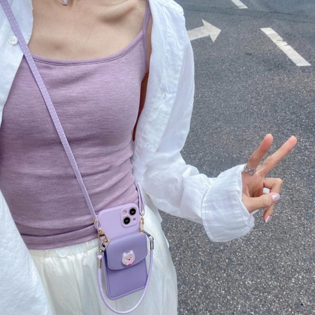 Korean Simple Cute  Puppy Purple Case With Leather Bag Rope For iPhone 13 15 14 16 Pro Max 13 15 14 16 Pro Shockproof Back Cover