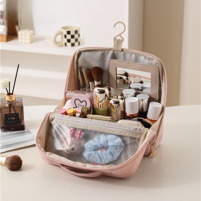 

Vertical Stand Up Cosmetic Bag with Mirror Large Capacity Portable Hanging Makeup Organizer рожевий