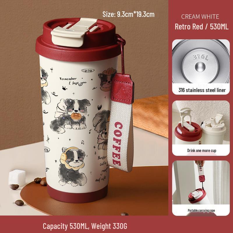 Happy Puppy Stainless Steel Insulated Coffee Cup - Portable, Student-Friendly Design for Men and Women