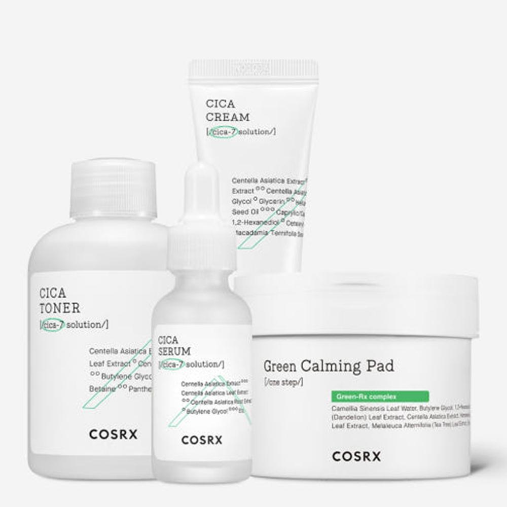 COSRX Pure Fit Cica Soothing 4pcs Set (Toner 150ml + Serum 30ml + Cream 50ml + One Step Green Calming Pads 140ml 70 Sheets)