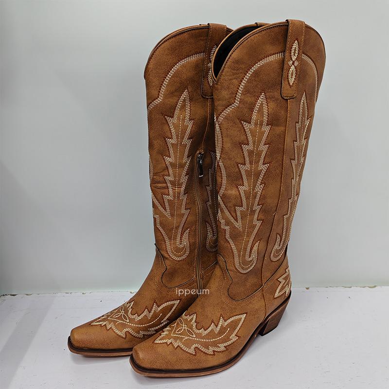 Fashion IPPEUM Western Cowboy Boots For Women Knee High 2024 New Red Plus Size 44 Cowgirl Shoes