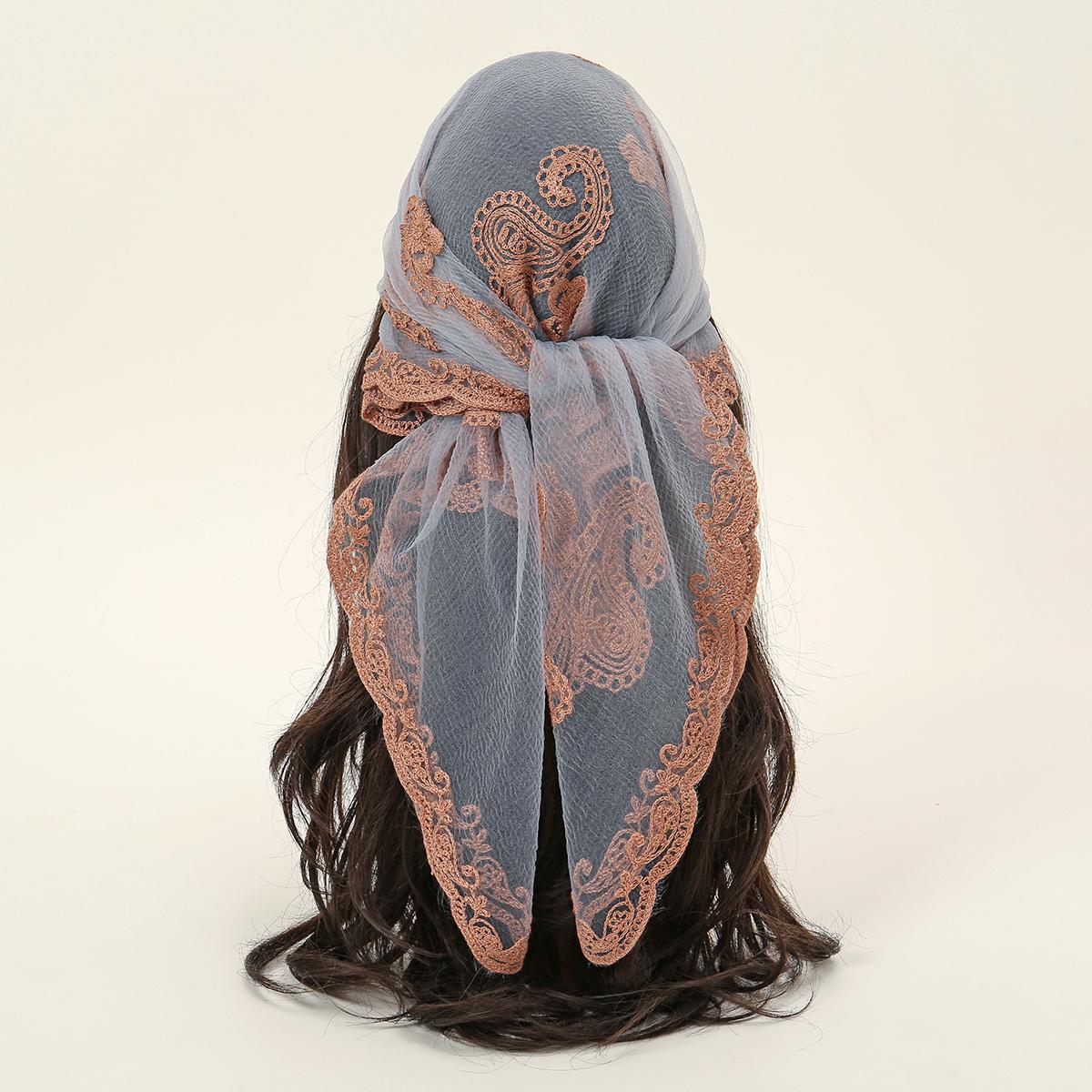

New Embroidery Lace Veil Scarf Lace Square Bandanas Style Embroidery Floral Headband Net Breathable Hijab Through Headscarf Wrap