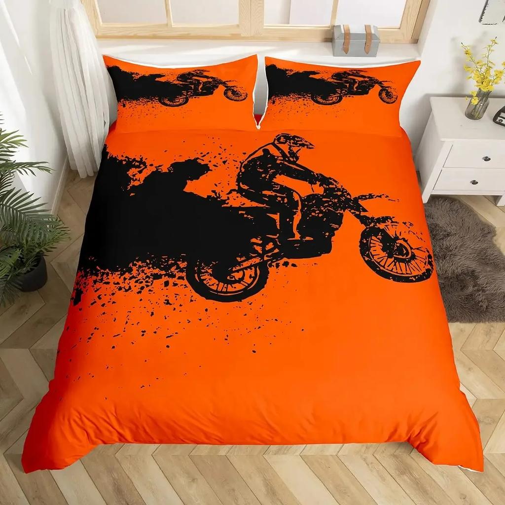 Dirt Bike Duvet Cover Set,Sports Biker Motocross Racing Moves Theme Bedding Sets,Youth Cool Teen Boys Comforter Cover Set