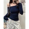 Threaded Early Autumn Sweet Spice Girl Slant Shoulder Long Sleeve T-Shirt Solid Color Slim Skinny Versatile Sexy Off-Shoulder Top, Female