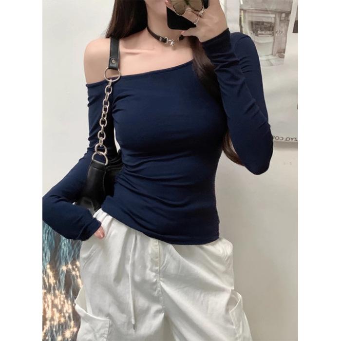 Threaded Early Autumn Sweet Spice Girl Slant Shoulder Long Sleeve T-Shirt Solid Color Slim Skinny Versatile Sexy Off-Shoulder Top, Female