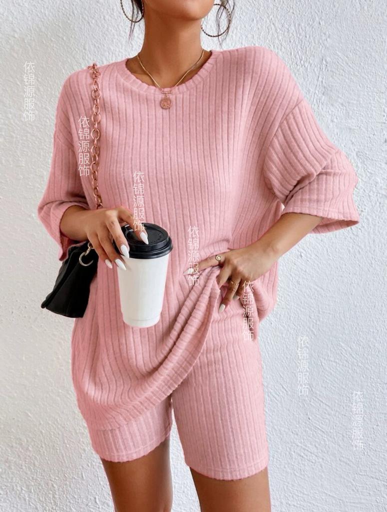 Conjunto de Top y Shorts de Punto Holgado Casual de Moda con Cuello Redondo para Verano Ropa de Mujer Cómodo Transpirable Color Sólido