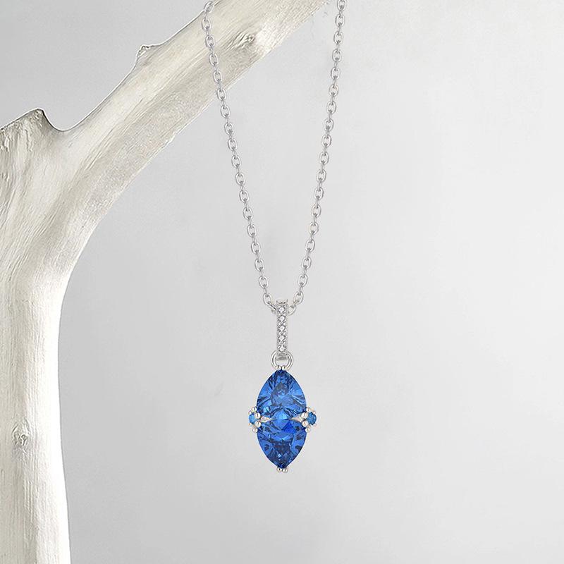 Premium Blue Zircon Triangle Pendant Necklace & Earring Set for Women, S925 Sterling Silver Jewelry 925 Sterling Silver