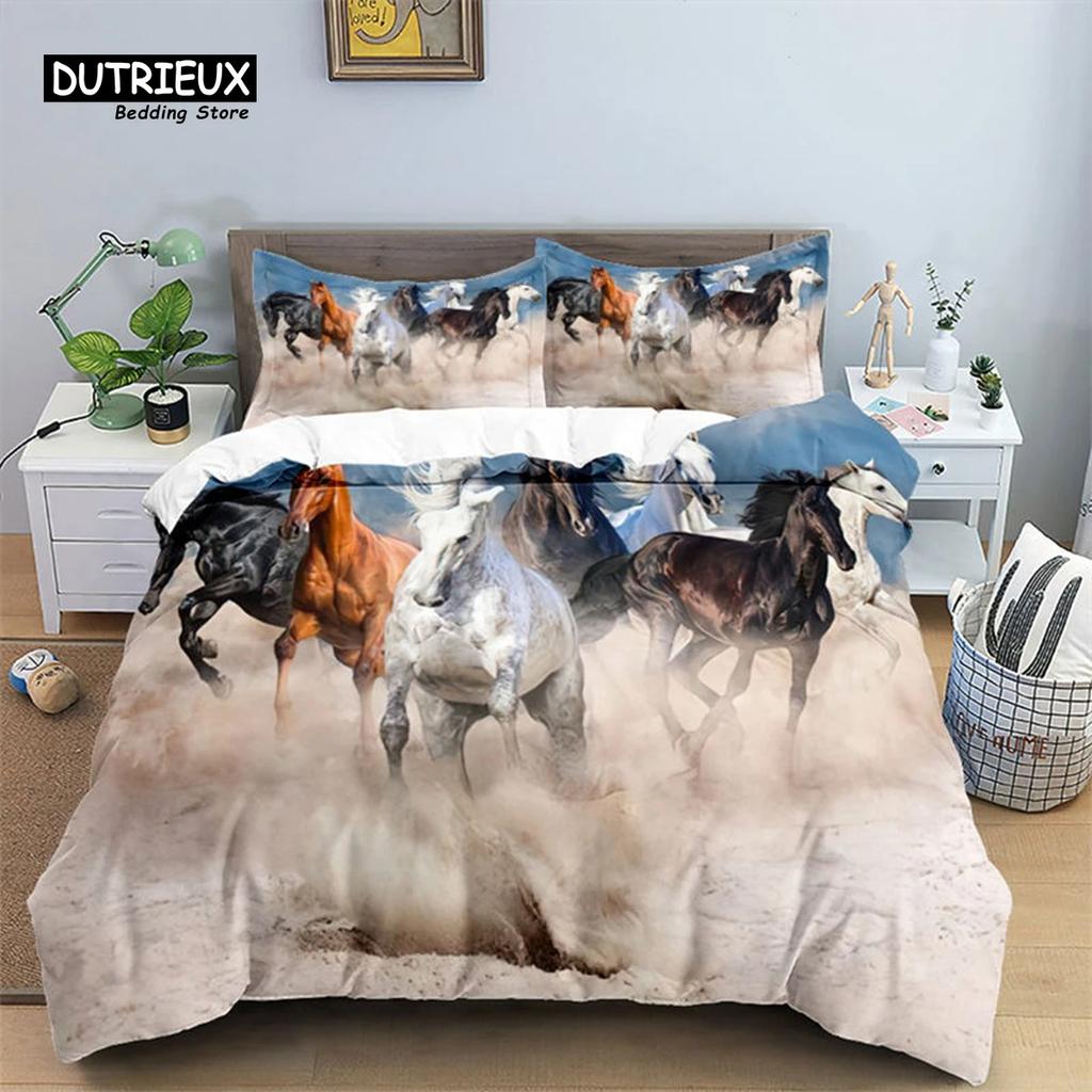 Horse Comforter Cover Set For Kids Toddler Farm Animal Pattern Bedding Set Boys Girls 3 Piece Farmhouse Cowboy Duvet Cover Set