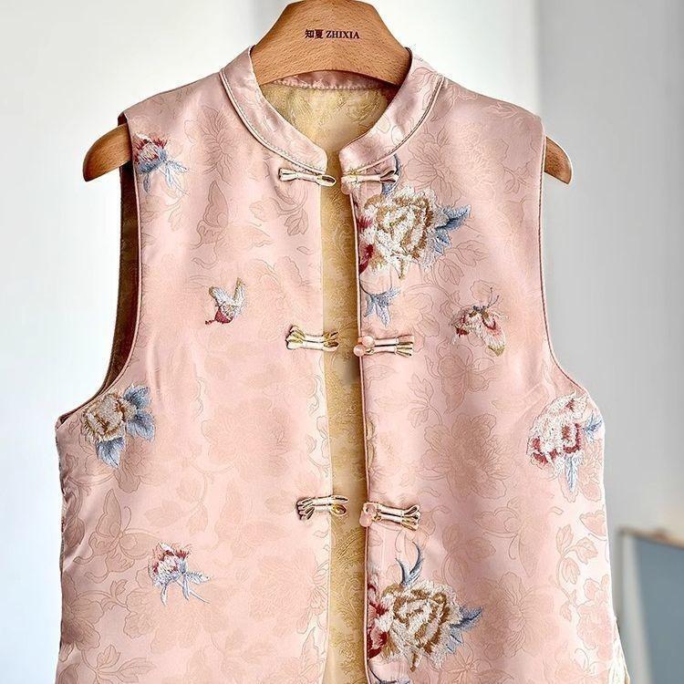 Spring and Autumn retro style buckle outer wear vest pink vest year embroidery improved women
