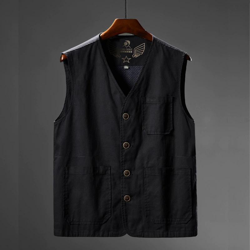 

Men s Spring Plus Size V-neck Casual Vest Middle-aged and Elderly Single-breasted Multi-pocket Straight Hem Tops M чорний