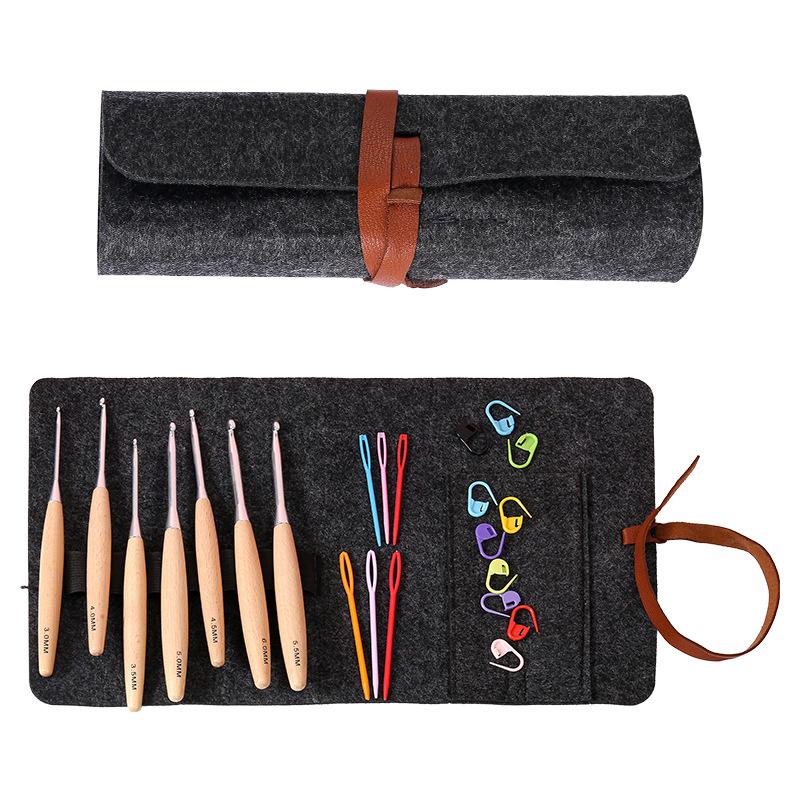 7 Wooden Handle Crochet Set, Novice Portable Knitting Tool, Roll Bag Storage Crochet Set