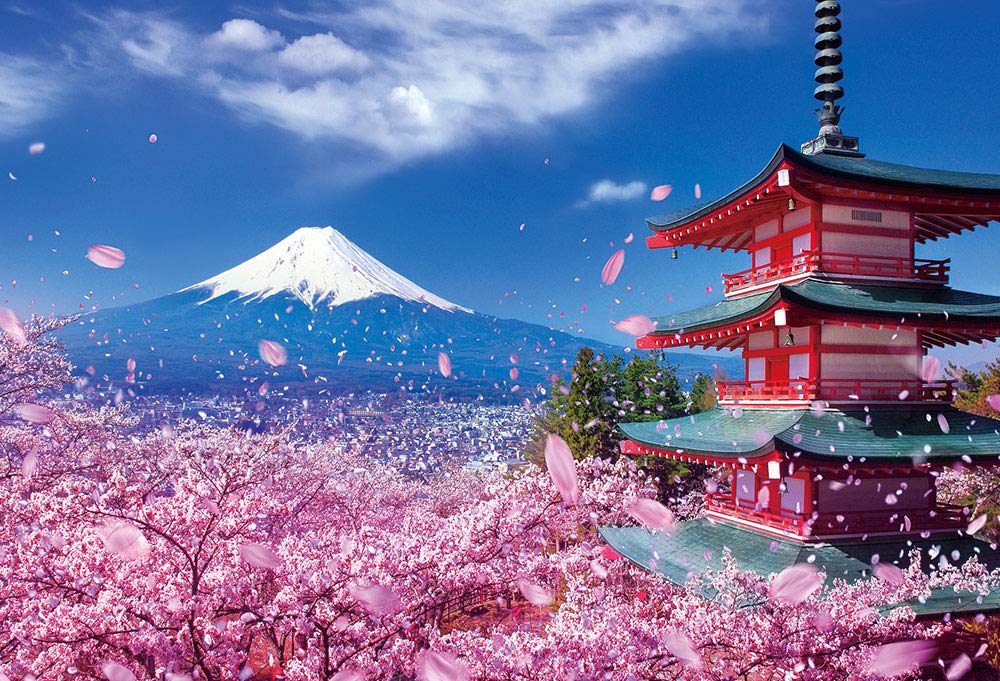 

in jigsaw puzzle Fuji and Asama Shrine with falling cherry micro pieces x 38 [Made Japan] 1000-piece blossoms, (26 cm)