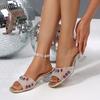 Large Size Colored Bright Diamond High Heel Cool Slippers Women's Summer New Square Head Thick Heel Slippers