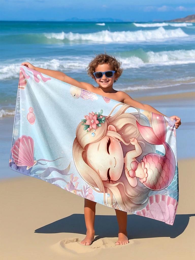 Cute Mermaid Beach Towel,Microfiber Soft Absorbent Quick Dry, Oversized for Beach Pool Travel,Sea Creature Print Towel for Girls