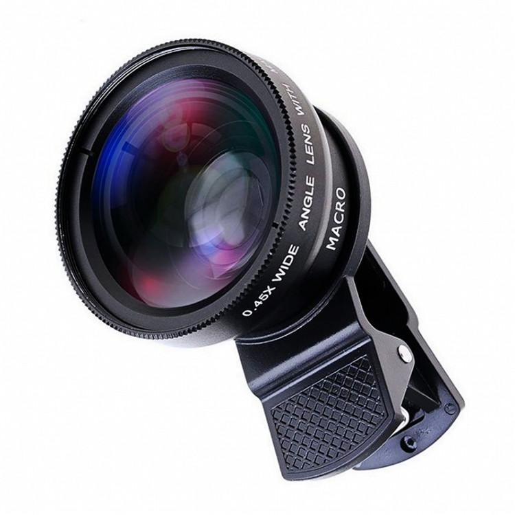 Hot Sale Phone Camera Lens with Clip 0.45X 2 in 1 Macro Wide Angle Mobile Phone Camera Lens Black