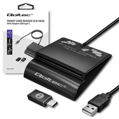 Qoltec Inteligentny Czytnik Chipowych Kart ID SCR-0636 | USB 2.0 + Adapter USB-C