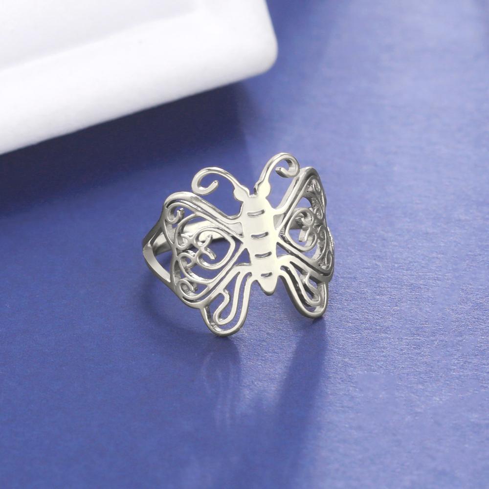 Butterfly Pentacle Rings for Women Stainless Steel Gold Wiccan Pentagram Rings Animal Jewelry Birthday Gift In