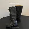 Cowhide version~ retro leather fashion boots women's autumn new models old knight boots belt buckle boots