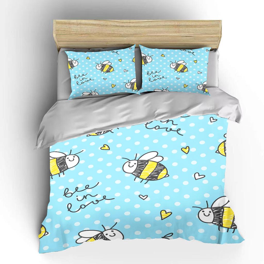 Cute Hand-drawn Bees with Hearts Pattern Bedding Set 1 Duvet Cover 2 Pillowcases for Adult and Children Luxury Gift Full Size