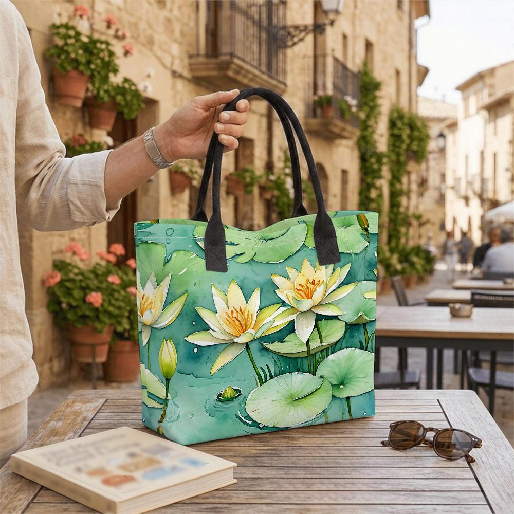Watercolor Lotus Pattern Large Tote Bag Daily Casual Durable Shoulder Bag for Women
