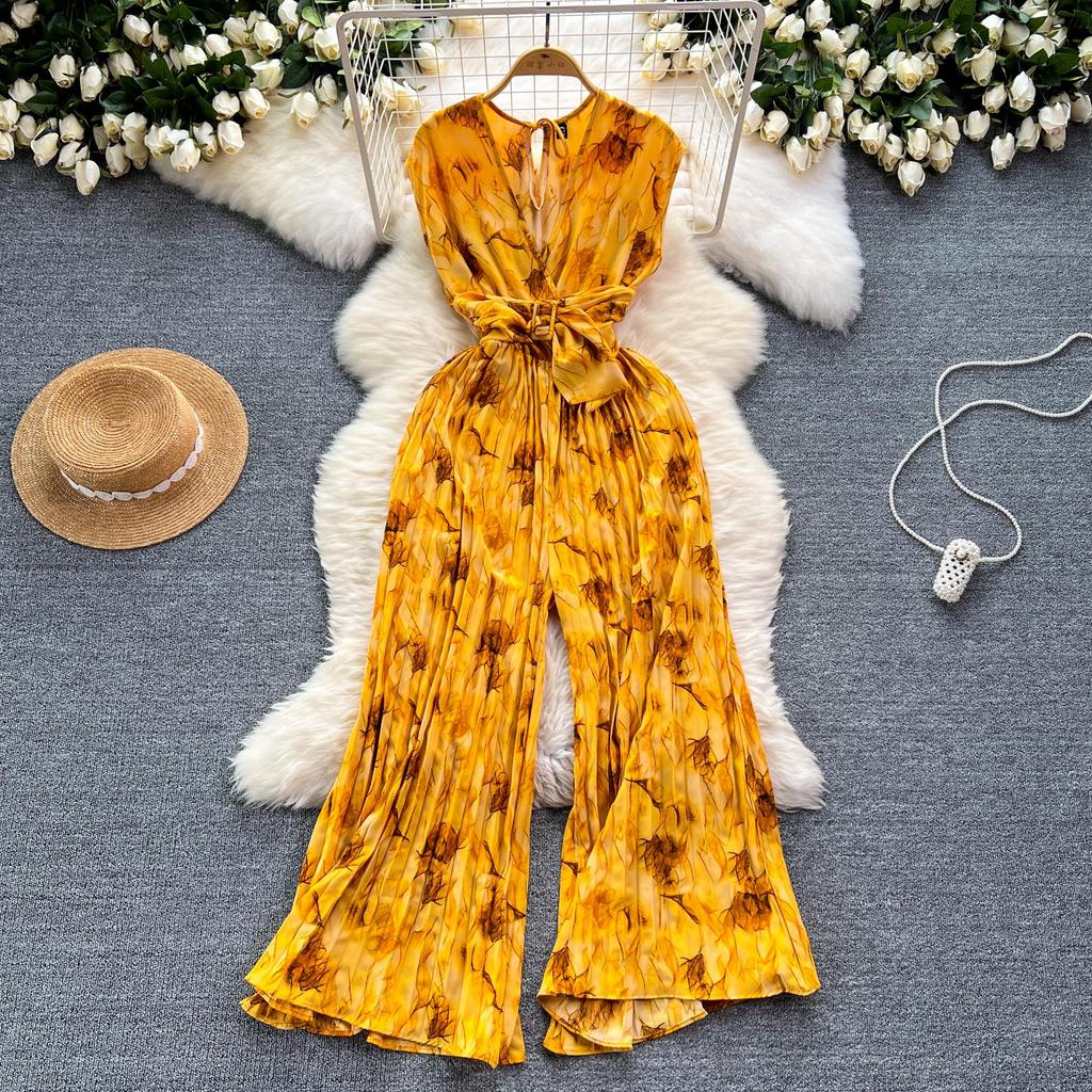 Casual Feminino Verão Floral Estampa Macacões Moda V Decote Sem Mangas Cintura Alta Larga Plissado Perna Comprimento Total Macacão