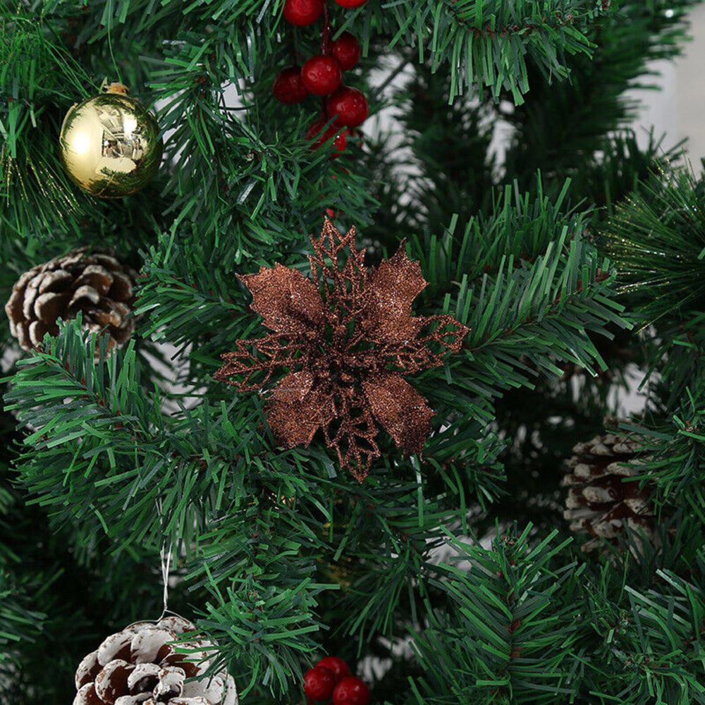 1 buc Flori artificiale cu sclipici de Crăciun Ornamente pentru pom de Crăciun, aur roșu, capete mari de flori pentru casă, decor de petrecere de Anul Nou.