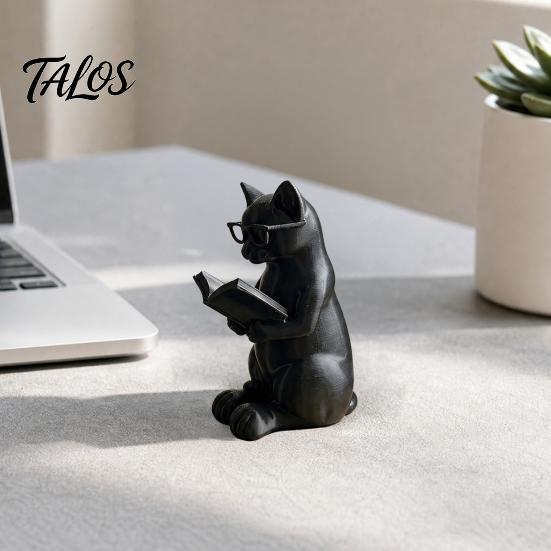 Décoration Chat de Bureau Figurine de Lecture Imprimée en 3D, Ornement Décoratif avec Base Lestée Antidérapante, Pièce d'Art Paresseuse Statue Intellectuelle Œil