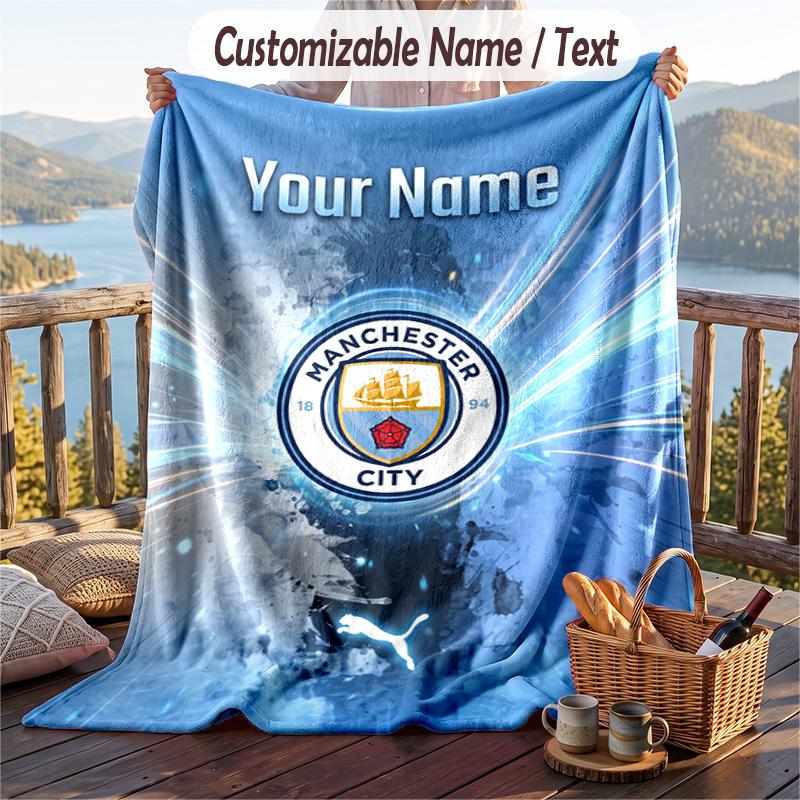 Flannel Blanket Manchester City Print Custom Name Text Soft Throw for Sofa Bed