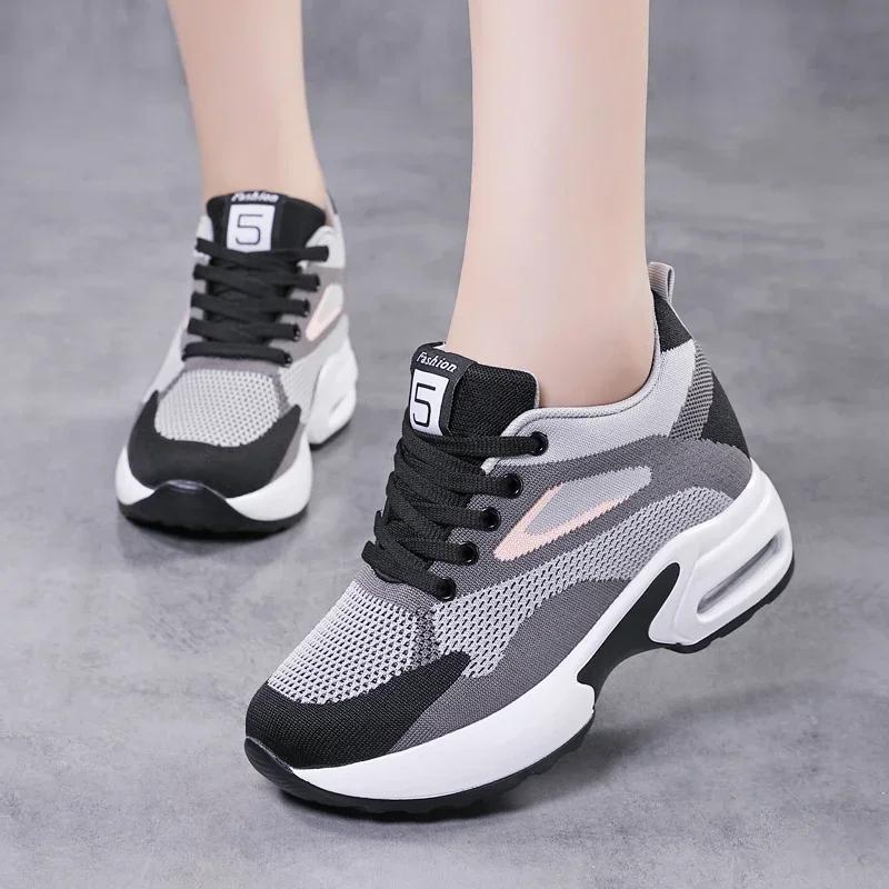 Women Sports Breathable Casual Sneakers Ladies Non-Slip Jogging Shoes High Quality Flying Woven Height-Increasing Running Shoes