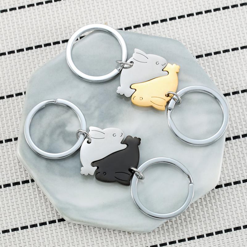 Cute Cartoon Rabbit Stainless Steel Keychain Lovely Animal Design Fashion Couple Keyring Practical Valentine's Day Gift