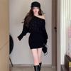 White One-word Shoulder Long-sleeved Dress Women's Spring French High-end Hot Diamond Knitted Hip Wrap and Thin Short Skirt