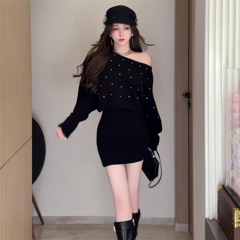 White One-word Shoulder Long-sleeved Dress Women's Spring French High-end Hot Diamond Knitted Hip Wrap and Thin Short Skirt