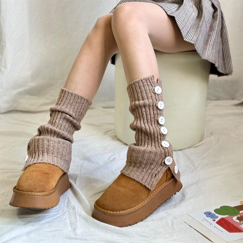Autumn And Winter Side Split Buttons Stacked Socks Cover Women'S Knitted Warm Slightly Wide Legs Middle Tube Pit Strip Thin Calf Cover