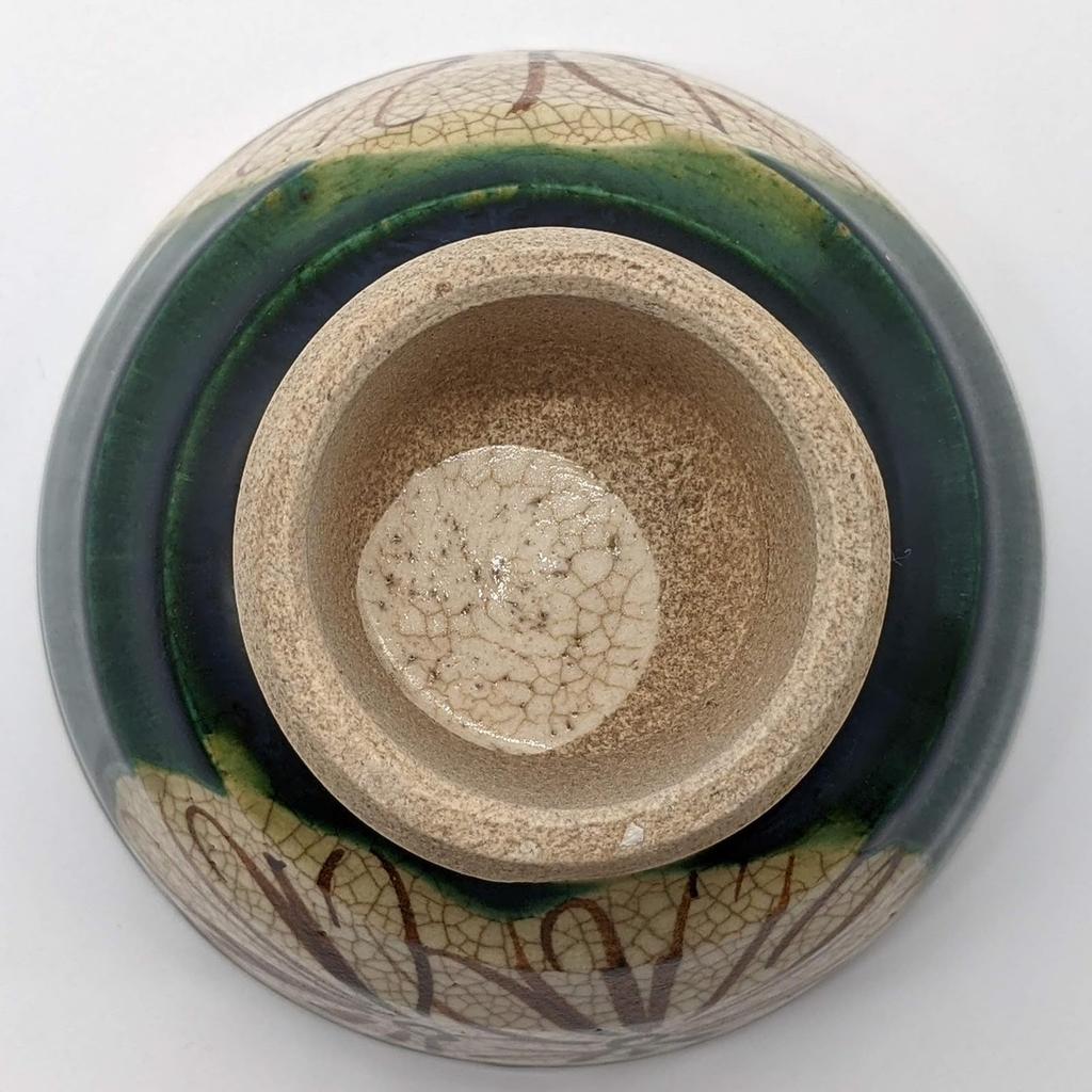 Utsuwa Roan Seto Ware Rokubei Rice Bowl with High Base, Approximately 12cm, Oribe Style, Chrysanthemum Pattern, Made In Japan, Green, 007-0006