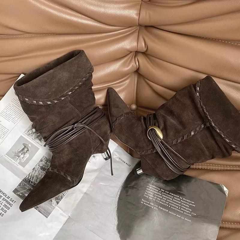 

Версия из овчины~ ретро нишевые замшевые на шнуровке с отворотами на тонком каблуке кошачьи и западные ковбойские ботинки женские короткие ботинки тонкие ботинки 40