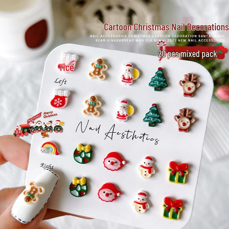 20 Adet Noel Tırnak Sanatı: Parlayan 3D Noel Baba ve Ren Geyiği Reçine Rhinestones