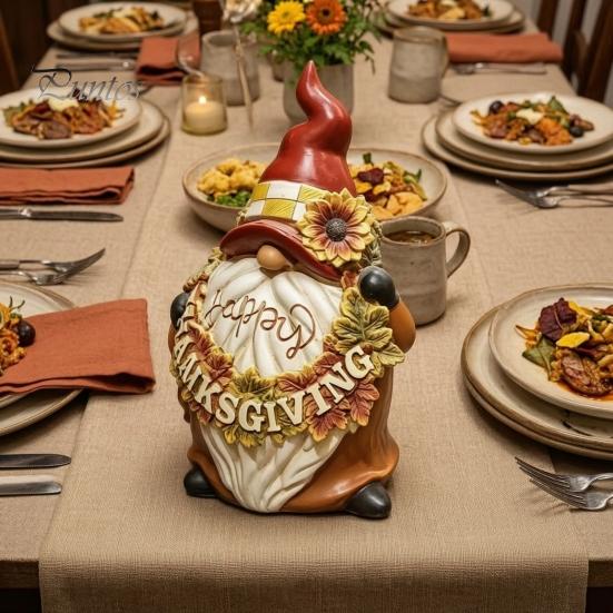Waterproof Gnome Ornament Happy Thanksgiving Figurine, Sunflower Maple Leaf Statue, Cartoon Statue Dwarf Sculpture for Harvest Autumn Table